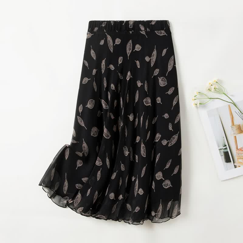 TUHUANG Floral Print Mulberry Silk A-Line Midi Skirt One Size