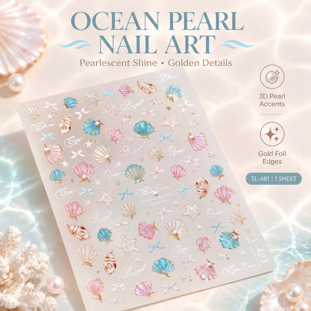 Summer Ocean Nail Stickers TL-481 3D Pearl and Gold Foil