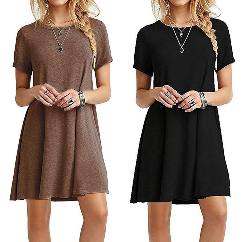 Fashion Womens Loose Simple Solid Color Print O Neck Short Sleeve Leaves Print Loose Streetwear A-line Dress