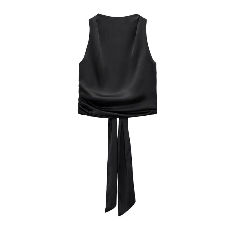 Spring NEW round Neck Sleeveless Sexy Bow Vest Open Back Silk Satin Texture Tops 2442650
