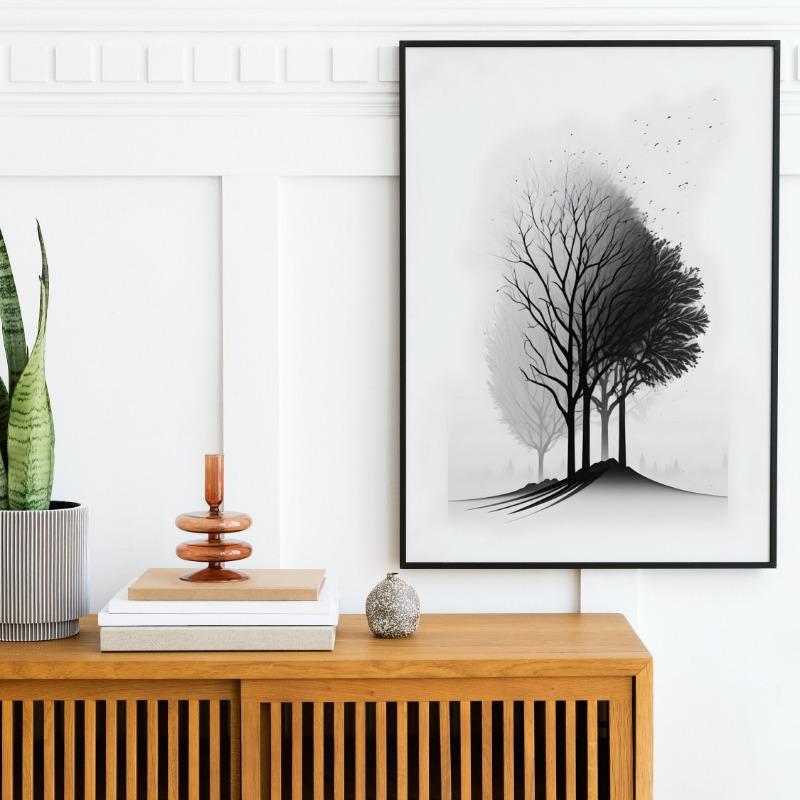 Minimalistisches Schwarz-Weiß Berg Baum Krähe Landschaft Poster Druck Leinwand Gemälde Abstrakt Wandkunst Wohnzimmer Heimdekor