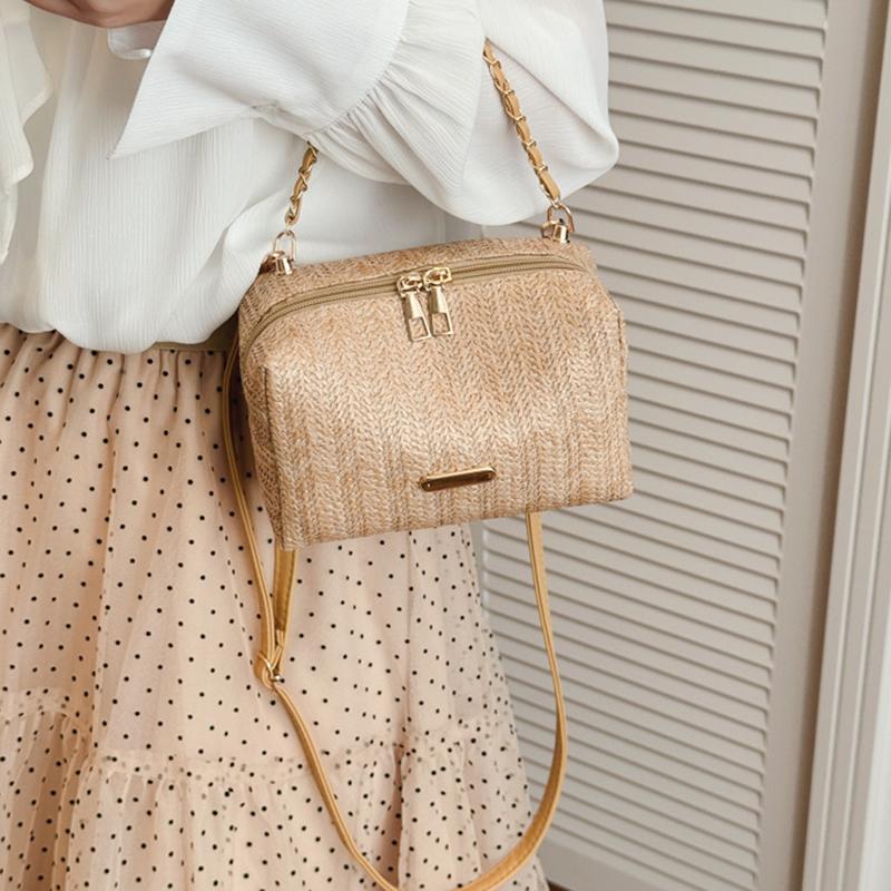 Yogodlns Fashionable Stylish Woven Straw Women's Bag New Trendy Chain Handbag Simple Woven Shoulder Crossbody Bag