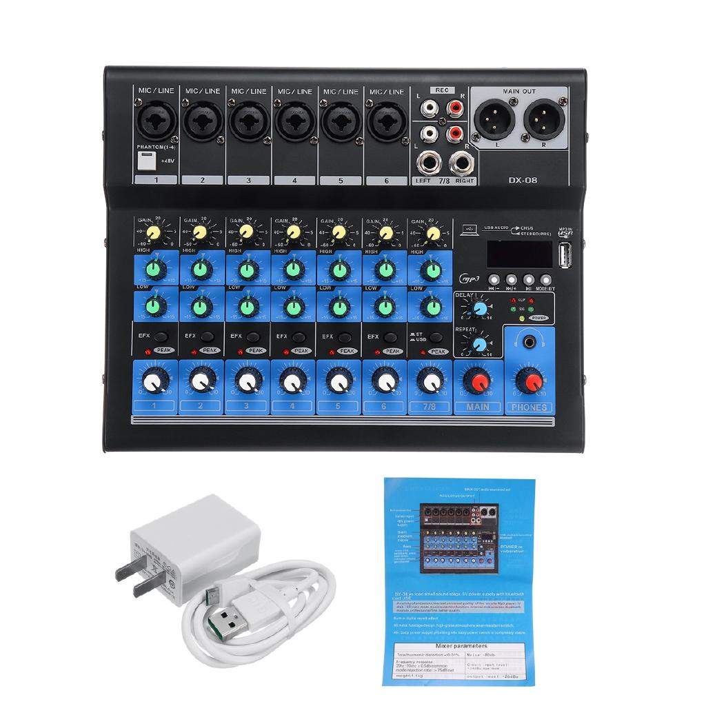 8kanálový přenosný audio mixážní pult s Bluetooth USB DJ mixážní pult zvuku MP3 Jack Karaoke 48V zesilovač pro Karaoke KTV