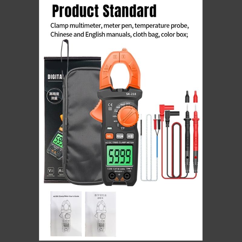 SK-218 Intelligent Clamp Multimeter for Current Up to 600A with Backlit Display and 26mm Large Jaw Opening
