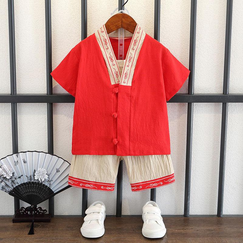 Completo Estivo da Ragazzo a Maniche Corte Stile Cinese per Bambini Hanbok Bello Completo Tang Cotone Lino Sezione Sottile di Abbigliamento Antico