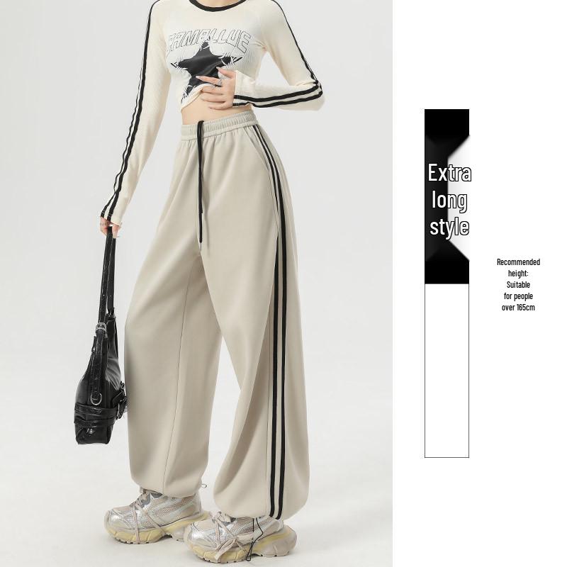 Women's American-Style Sweatpants with Side Stripe - High Waist, Slimming, Wide Leg - Spring/Autumn 2024