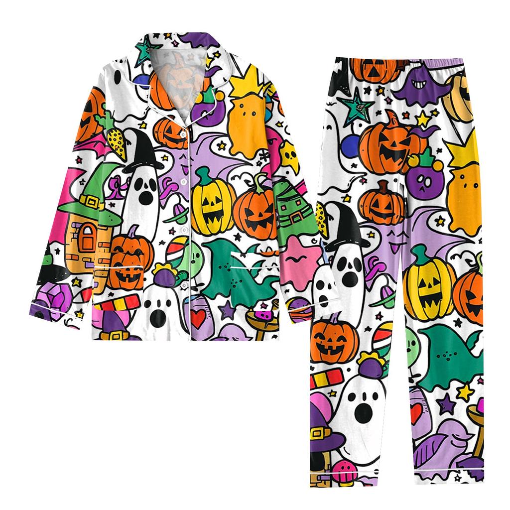 2-teiliger bedruckter Damen-Anzug, langärmelig, Oberteil mit Knopfleiste, weite Hosen, Anzug-Set, Schlafanzug, Home-Casual-Anzug