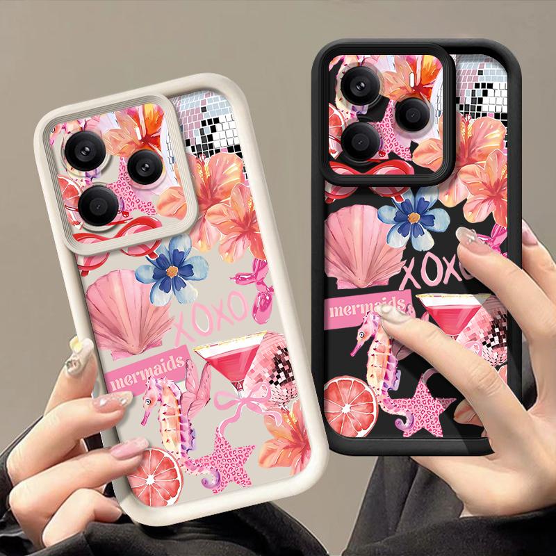 Pink Cartoon Pattern Floral Case For Xiaomi Redmi Note 14 13 Pro 5G 4G 12 11 Funda Xiaomi 14T 13T 11T Pro Shockproof Bumper Silicone Cover