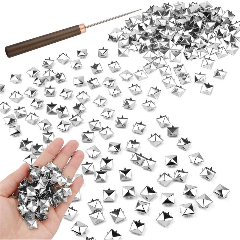 HHO-Metallklaue Nagelkopf Dorn Nieten(400 Stück), 10mm Vierkantpyramiden-Nieten mit Holzgriff-Ahle Werkzeug für Punk Rock Kleidung