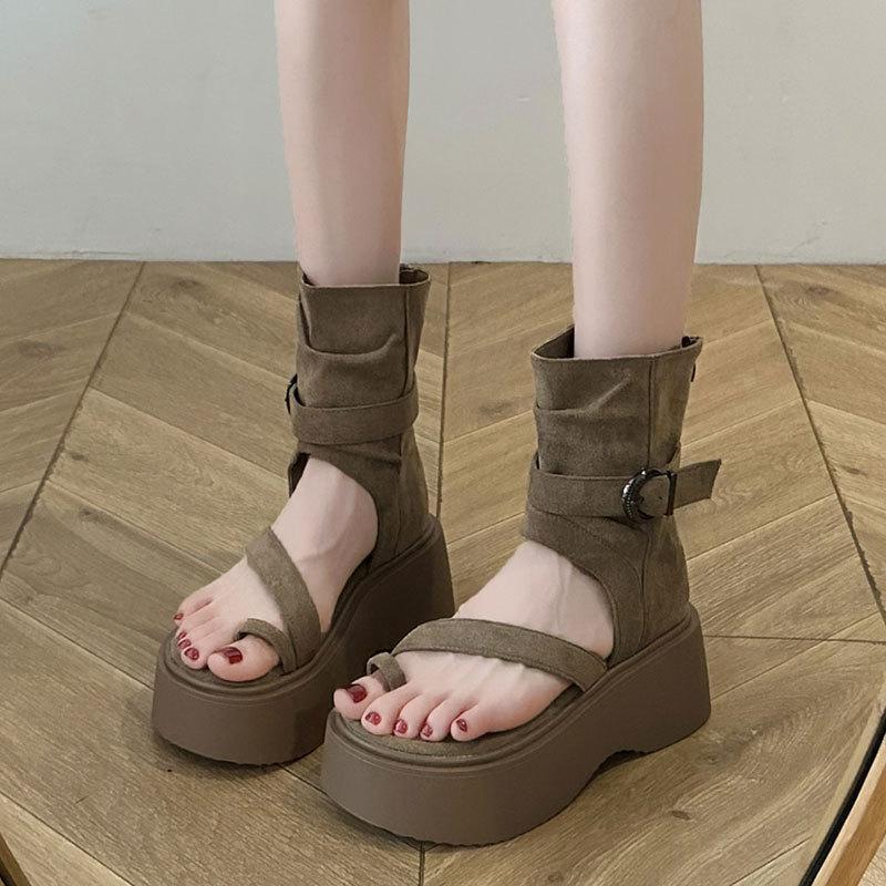 Vintage Thick-soled Roman Cool Boots for Women's 2025 Summer New Fashion Set-toed High-top Sandals Heightened Zipper Short Boots