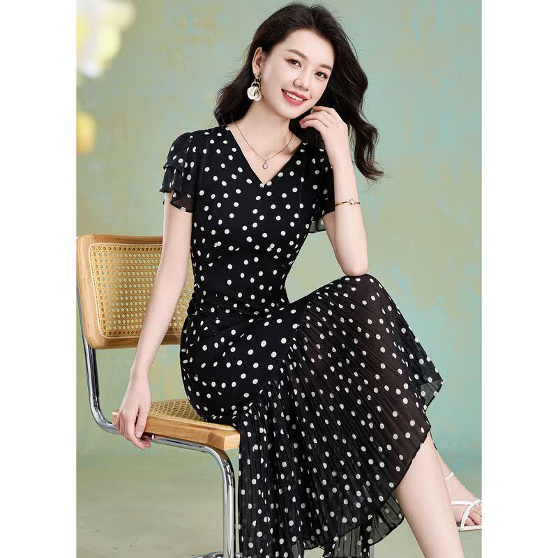 Women's French Polka Dot V-Neck Maxi Dress