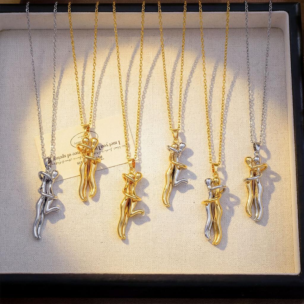 Necklace: Boys and Girls Hugging Each Other. Couple's Double-color Necklace. Minimalist and Niche Design. Unique Collar Chain.