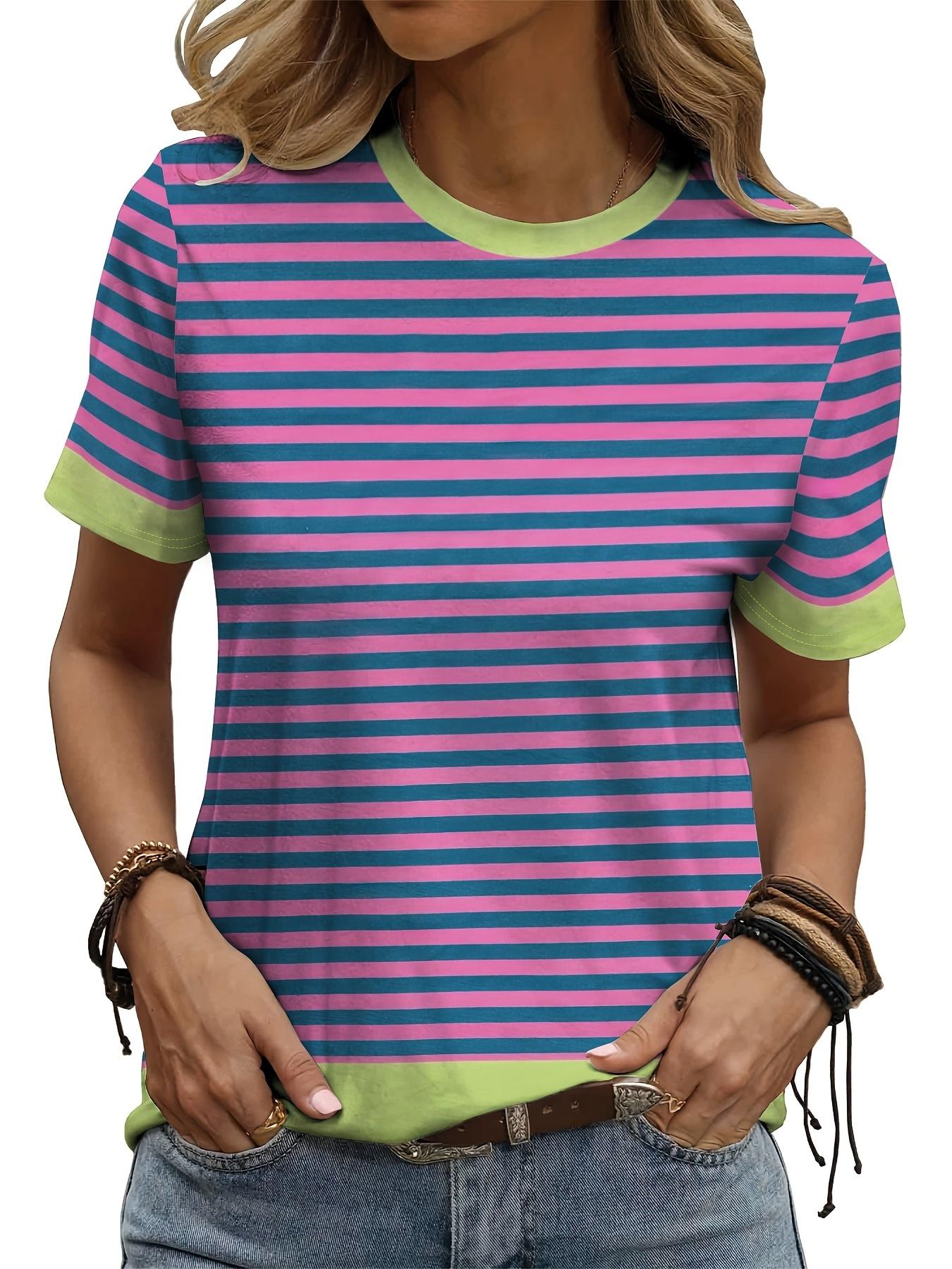 [Printed Design - Not Textured]Digitally Printed Women S T-Shirt - Elegant Vacation Abstract Painting Color Block Patchwork Stripe Pattern. Round Neck 2XL дубильная кора