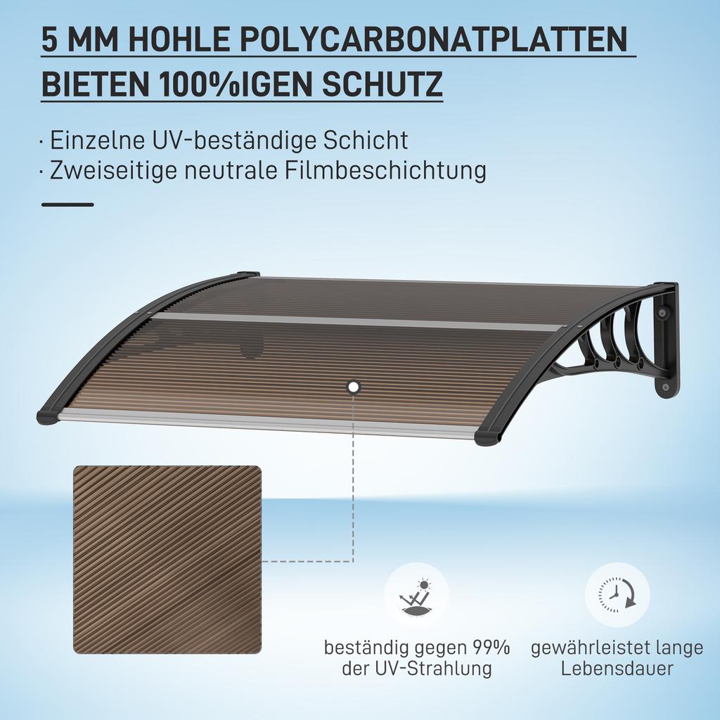 Front Door Canopy Outdoor Awning Aluminium Rigid Plastic Polycarbonate Rain Shelter UV Water Rain Resistant 120 X 75cm Brown