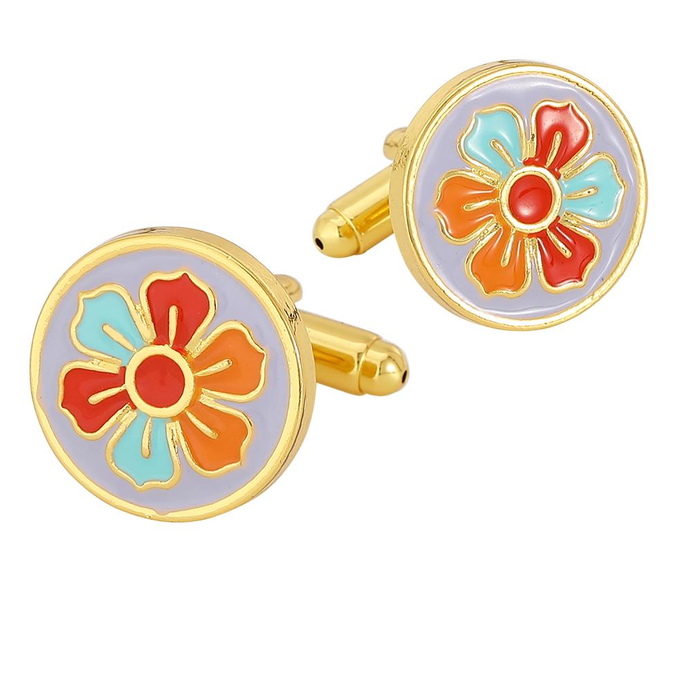 2Pcs Funny Flower Pattern Round Golden Mens Cufflinks Groom Plum Blossom Design Sleeve Button