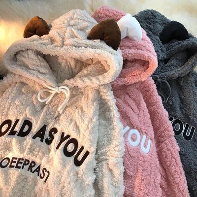 Plüschjacke für Damen, Herbst und Winter, warm, mit Kapuze, lockere Freizeitbluse, süß und bequem, schlanker Freizeitpullover, verdickte Bluse