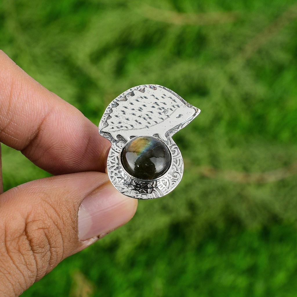 Round Labradorite Gemstone Third Eye Chakra Bezel Unique Artisan Ring 925 Silver