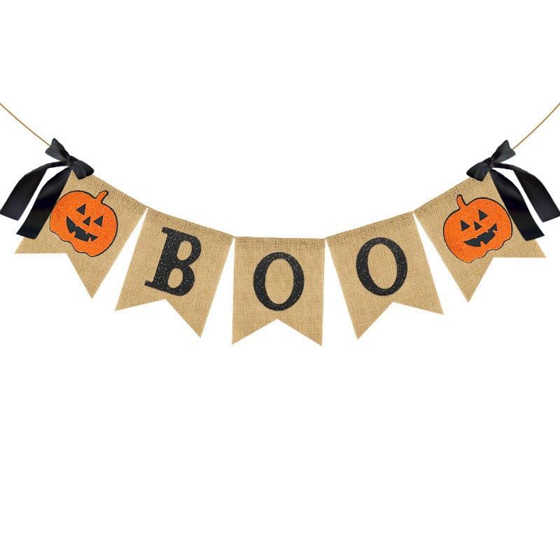 

1 Set Rustic Halloween Banner BOO with Jack-O -Lanterns & Pumpkins - Hanging Garland for Home, Fireplace, or Party Decorations
