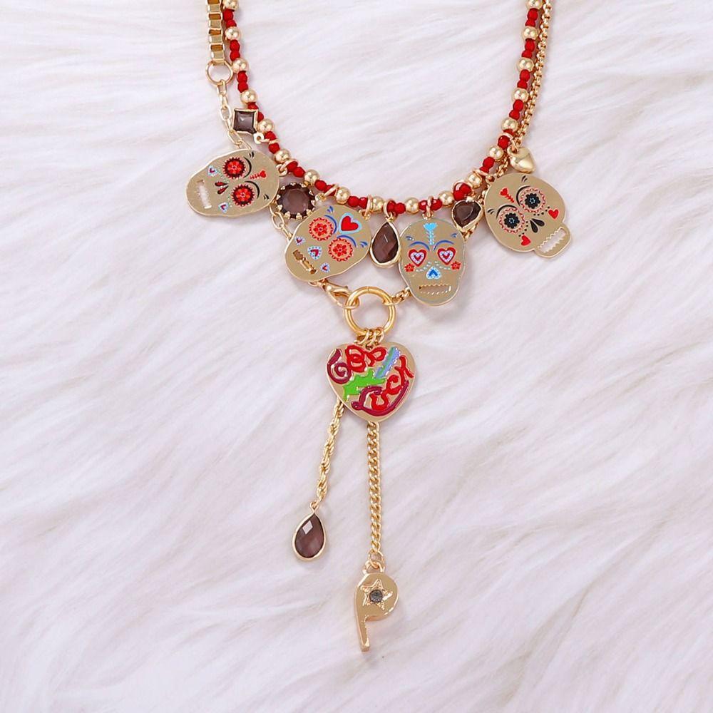 Personality Collarbone Chain Literature Vintage Earring Punk Metal Skull Pendant Necklace  Girl
