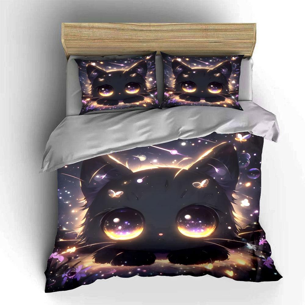 Adorable Fantasy Cat Night Decor Exquisite Three-Piece Bedding Set Gift For Kids And Adults