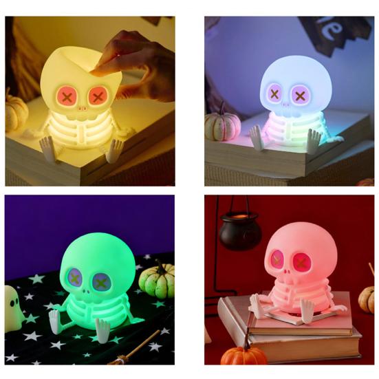 Skull Silicone Night Light with USB Charging Cute Spooky Bedside Lamp for Kids 2-Level Dimmable Soft Squeezable Fun Sensory Toy Lamp for Boys Girls