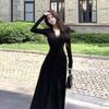 2026 Korean V-neck Lace Patchwork Long Sleeve Waist-Cinching Slim Dress - Spring/Autumn Socialite Style