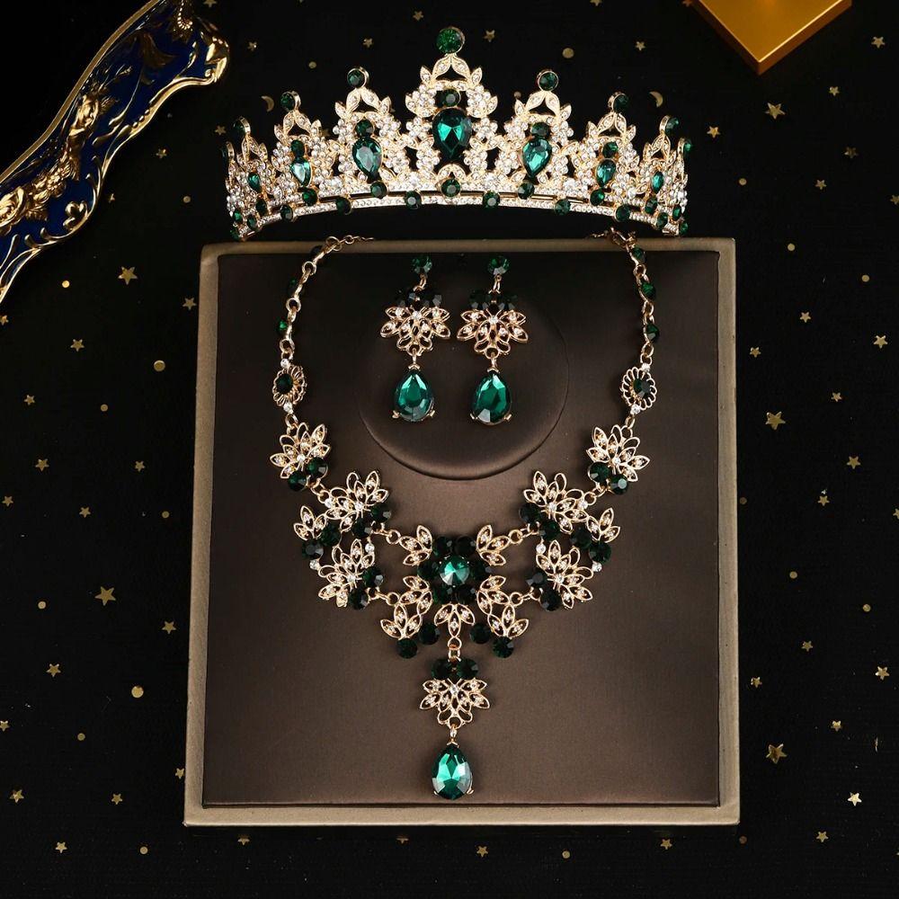 Shiny Bridal Jewelry Sets Baroque Style Crystal Headdress Tiara Earrings Necklace  Pageant