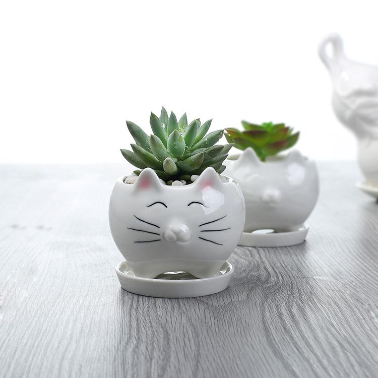 European Mengmeng Cartoon Kitten White Ceramic Flower Pot, Creative Gardening Balcony Succulent Flower Pot Ornament