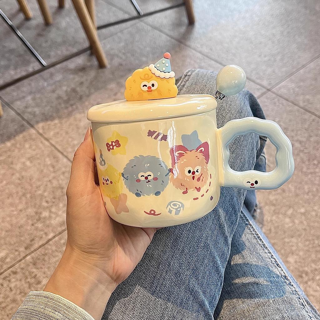 High Appearance Mug with Lid Spoon, Cute Ceramic Water Cup, Cartoon Small Coal Ball Couple Water Cup Gift, Breakfast Cup