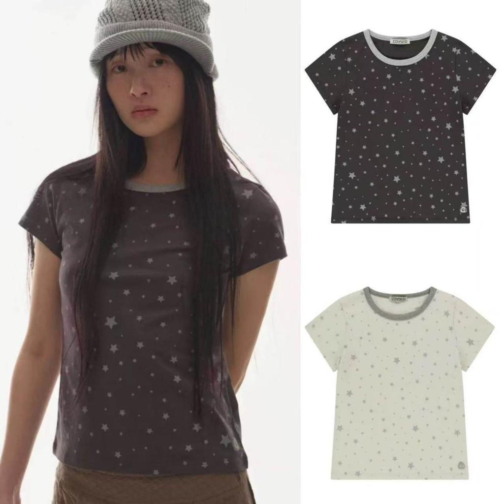 Women's Round Neck Short Sleeve Slim Fit Star Print Casual Cotton Tshirt Top