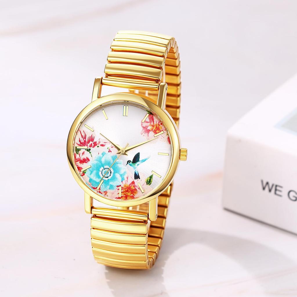 Floral and Pastoral Design Analog Quartz Watch with Adjustable Elastic Gold and Stainless Large and Stylish Perfect for or As a Gift for Her Women's