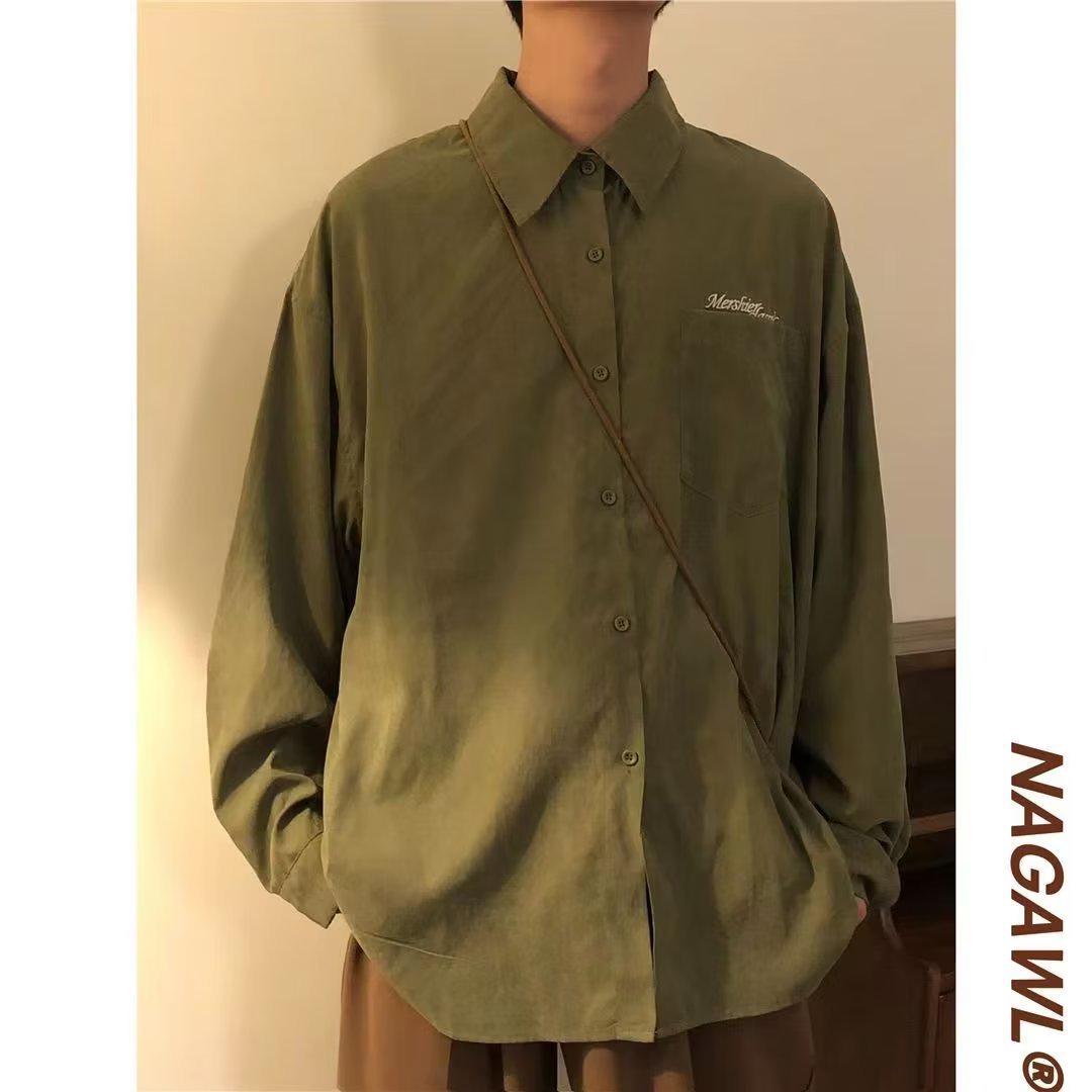 

Весна 2023 Мужская рубашка ретро зеленого цвета с длинным рукавом - Свободная верхняя одежда в стиле ситибой, дизайн пике M