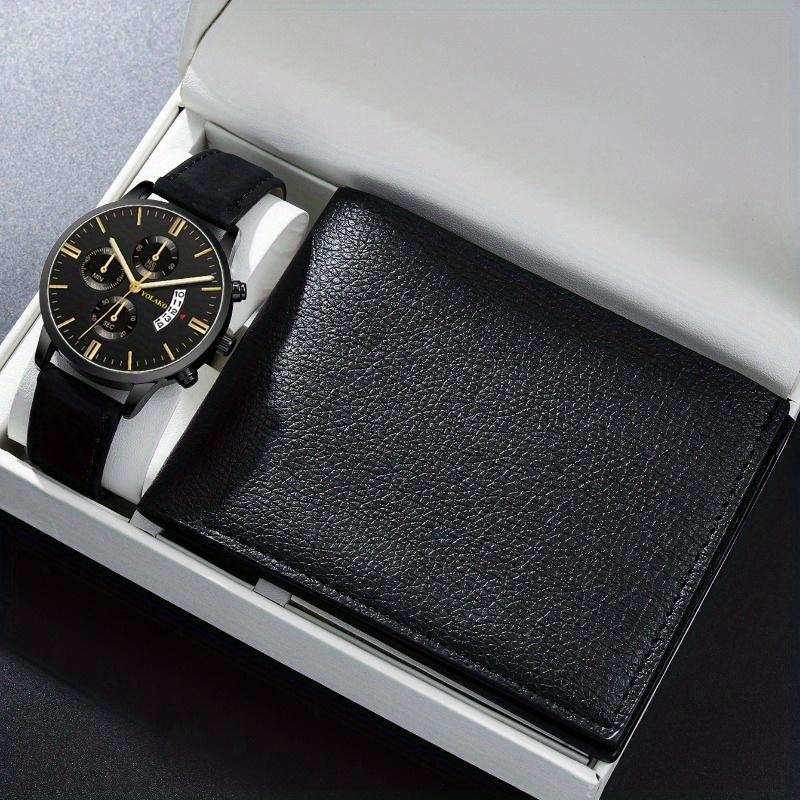 2-teiliges Set Herrenmode-Uhren Herren Neue Luxus-Leder-Kalender-Quarz-Uhren & Schwarze Leder-Geldbörse Herren-Geschenke Beste Wahl
