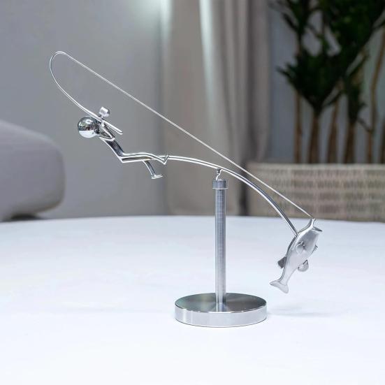 Kinetic Fishing Sculpture The Fisherman Balancing Sculpture Metal Balance Art Fisherman Home Decoration for Home Office Desktop Decor