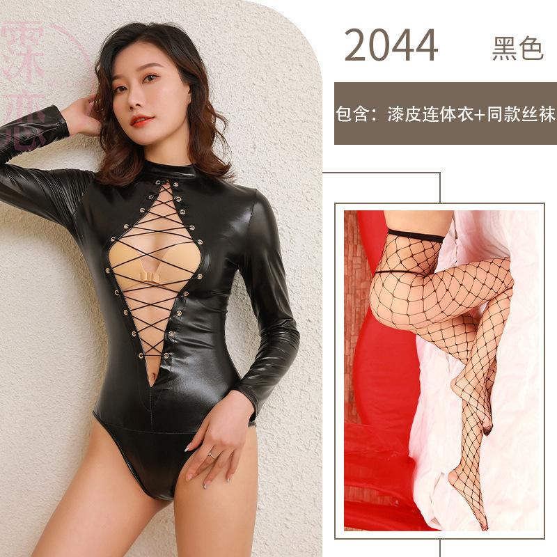 Patent Leather Uniform Seduction Breast One-piece Sex Underwear Sexy Open Crotch Tight Nightclub Performance Suit Pure Desire