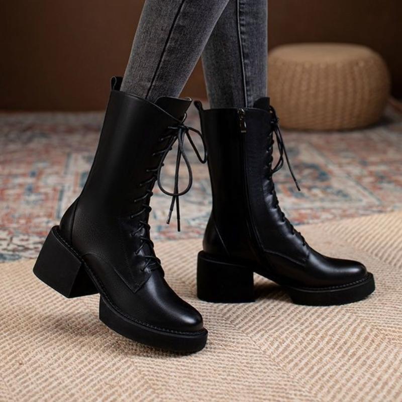 Autumn Winter Round Toe with Laces Ladies Mid Calf Shoes Black Fleece-Lined Middle Heel Women's Half High Boots 2025 New in Boot