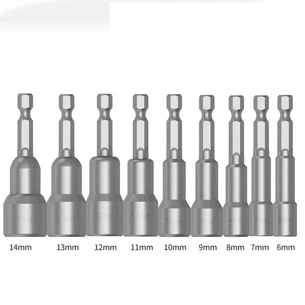 9Pcs/Set 6mm-14mm Hex Sockets Sleeve Nozzles Nut Set 1/4" Driver Screwdriver Bits Kit Drill Adapter For Woodworking Tools