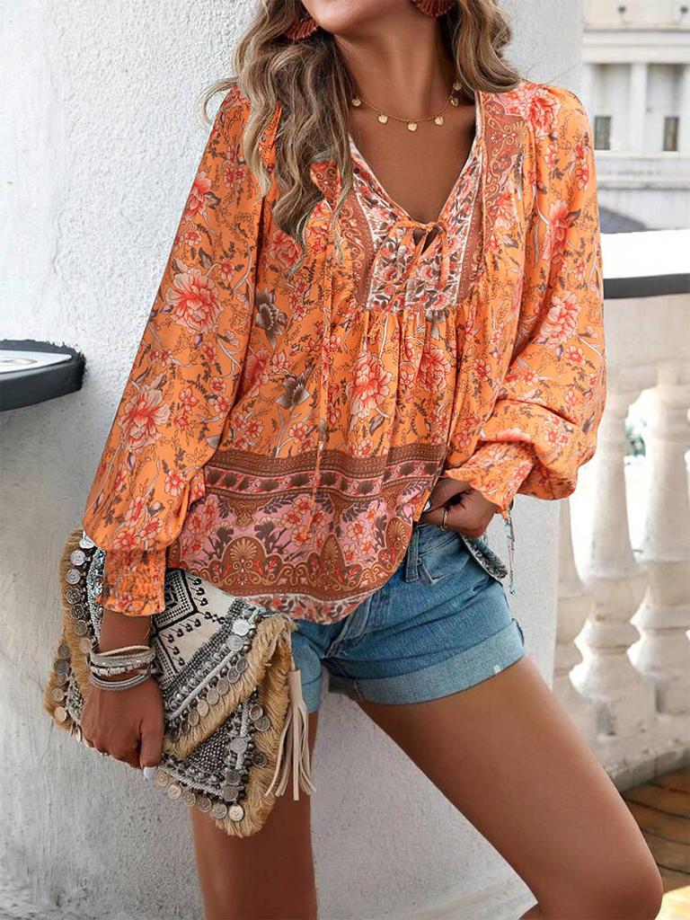 2025 Bohemian V-Neck Lace-Up Long-Sleeve Loose Fit Top for Women