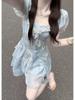 French Gentle Blue Printed Dress Summer New Heavy Industry Irregular Design Fluffy Ruffle Edge Skirt