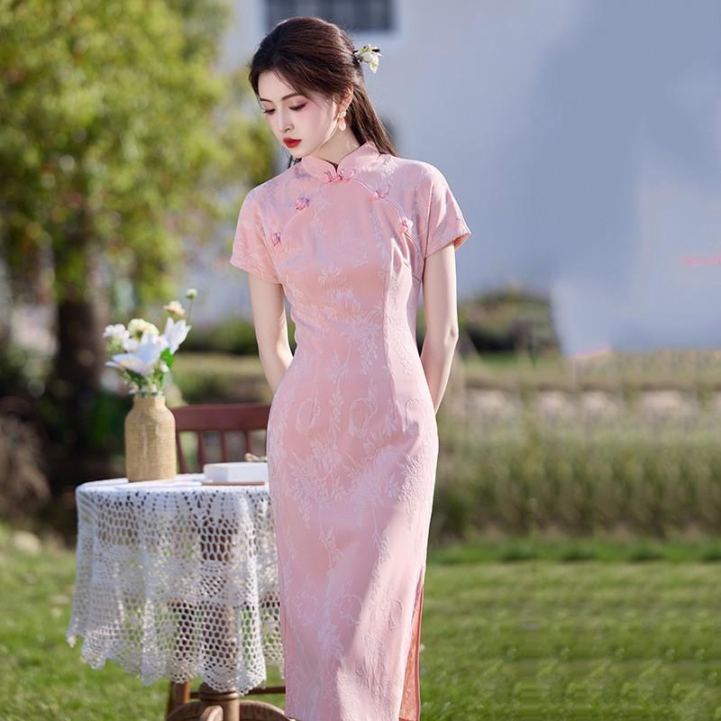 Womens Modern Chinese-Style Long Cheongsam Dress Pink Jade Knit Jacquard Short Sleeve Retro Fit