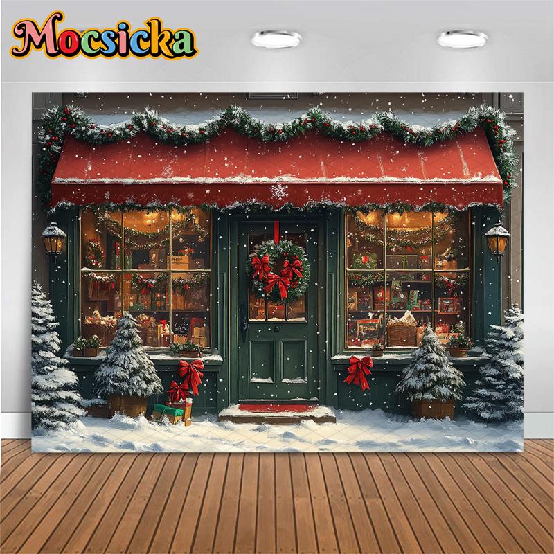 Mocsicka Christmas Store Backgrounds Photography Snowflake House Tree Children Baby Photo Backdrop Gifts Shop Decorations Banner