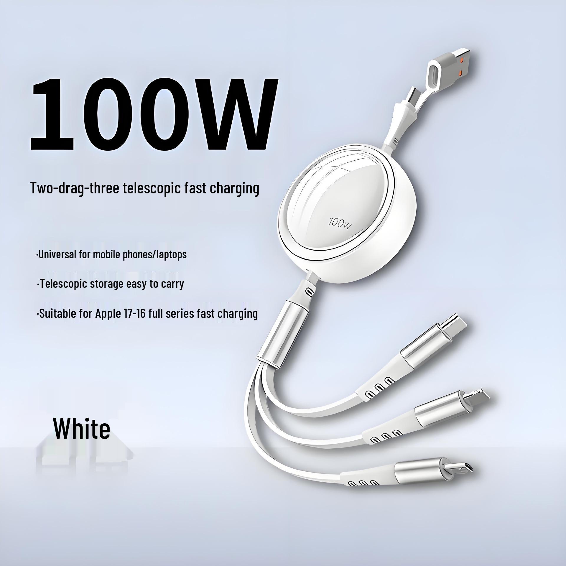 

100W Fast-Charging Retractable Data Cable for Apple, Huawei, Android Type-C Devices 2-in-3 retractable [white]