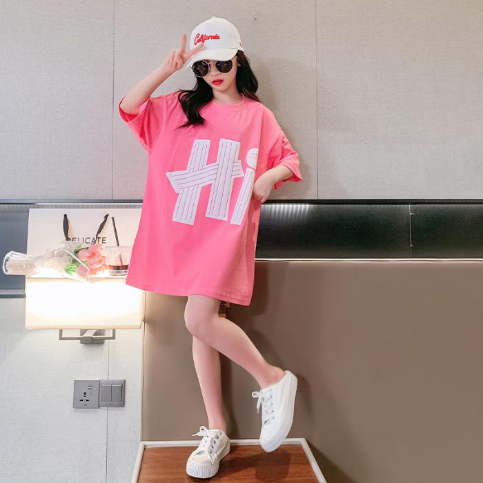 

Свободное платье-футболка с короткими рукавами для девочек 2023 года – стильная юбка средней длины 140 розовый