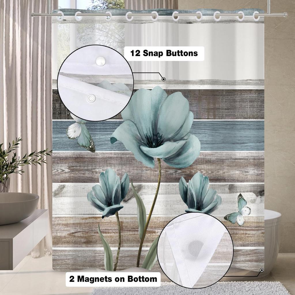 DASHAN No Hook Shower Curtain with Snap In Liner, Rustic Floral Shower Curtains for Bathroom, Teal Flowers Bath Curtain Wood Country Farmhouse Fabric