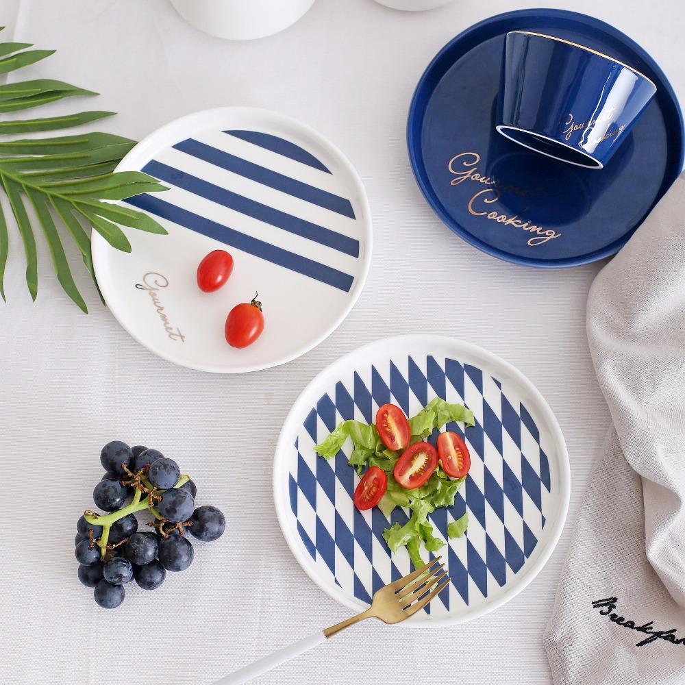 1pc European Style Salad Plate Blue Ceramic Dinner Dishes Gold-rimmed Dinnerware Pasta Rice Plate Dish 8 inch