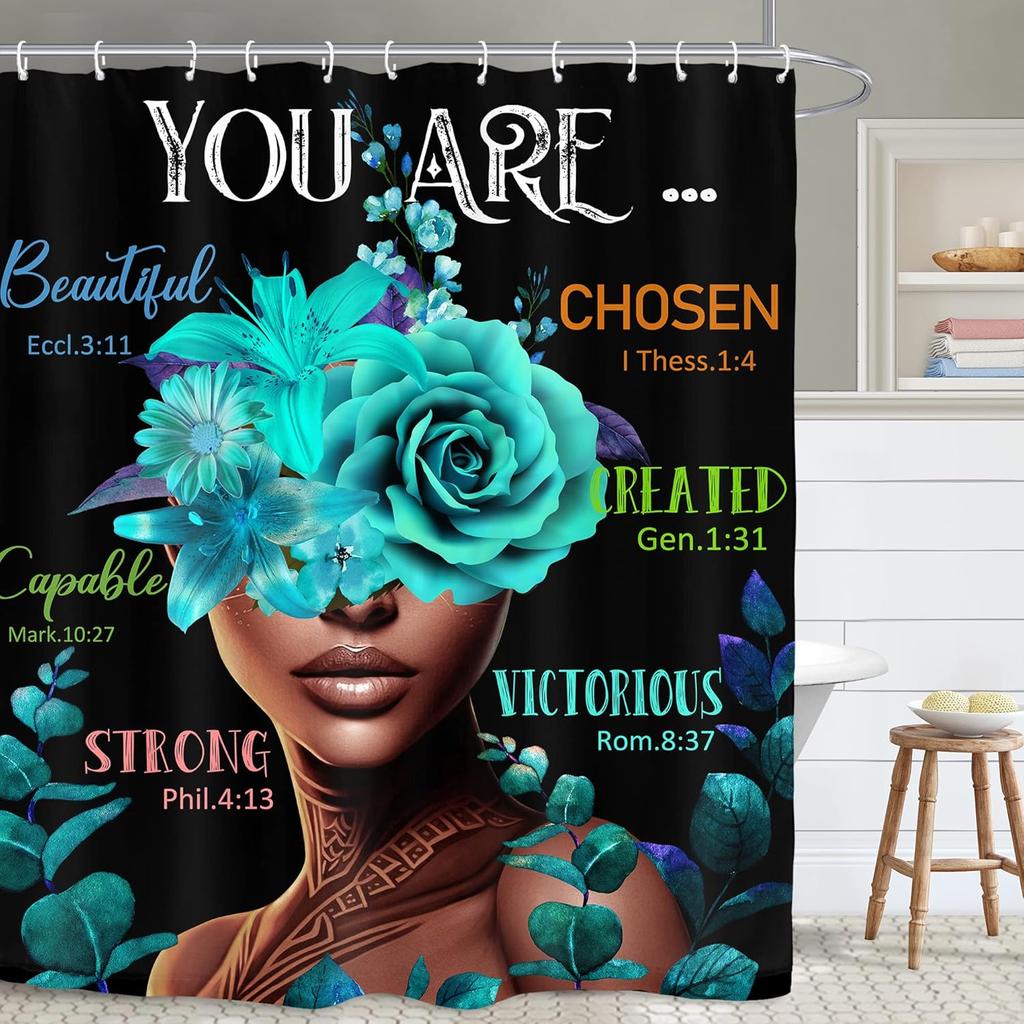 African American Flower Shower Curtain, Black Girl Marble Design, Inspirational Motivational Print, Waterproof Polyester