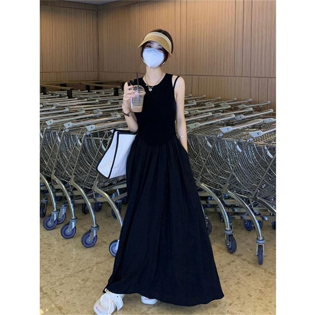2026 Black Hepburn-Style French Sleeveless Spaghetti Strap Long Dress for Women - Spring/Summer