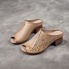 Johnature Retro Peep Toed Versatile Slippers Genuine Leather Hollow-out Breathable Kitten Heels Women's Sandals