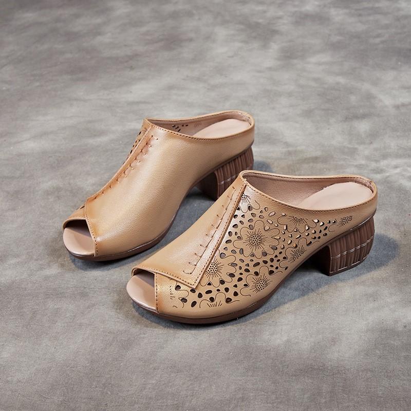 Johnature Retro Peep Toed Versatile Slippers Genuine Leather Hollow-out Breathable Kitten Heels Women's Sandals