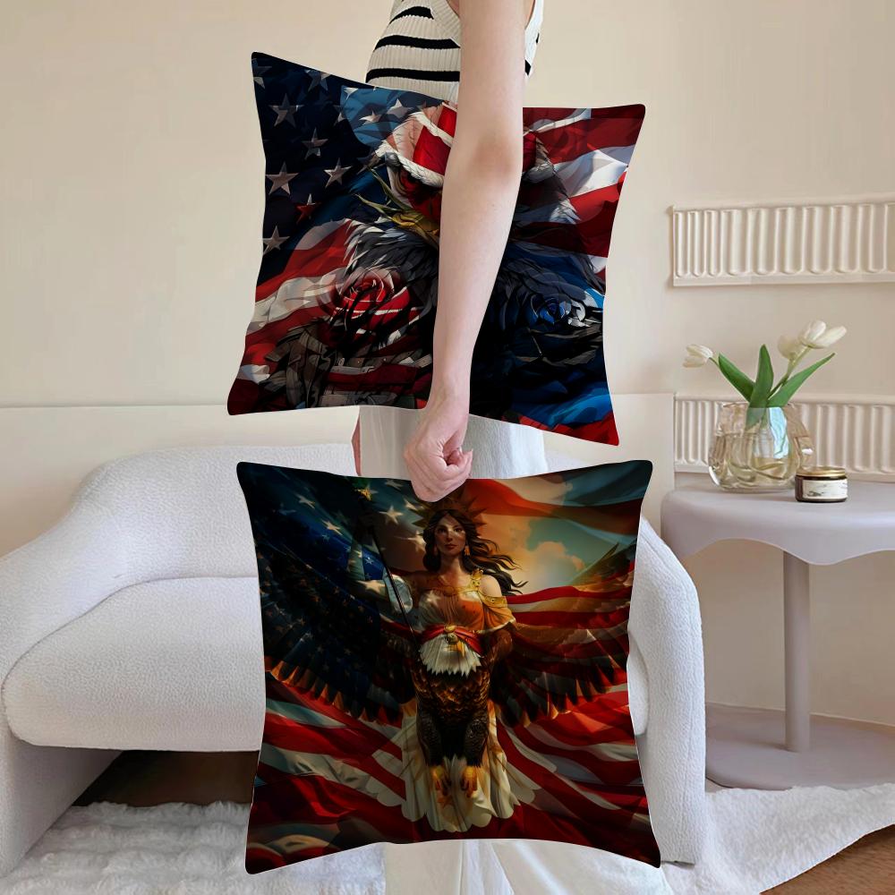 Independence Day Cushion Cover Anti-dustmite Pillowcase Invisible Zipper Silky Short Plush Sofa Cushion Cover
